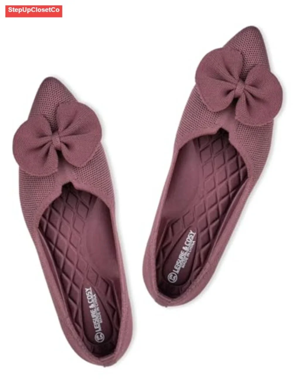 Pointed Toe Knit Ballet Flats with Bow Slip-on Dressy Shoes Non-slip Outsole - Picture 2 of 6